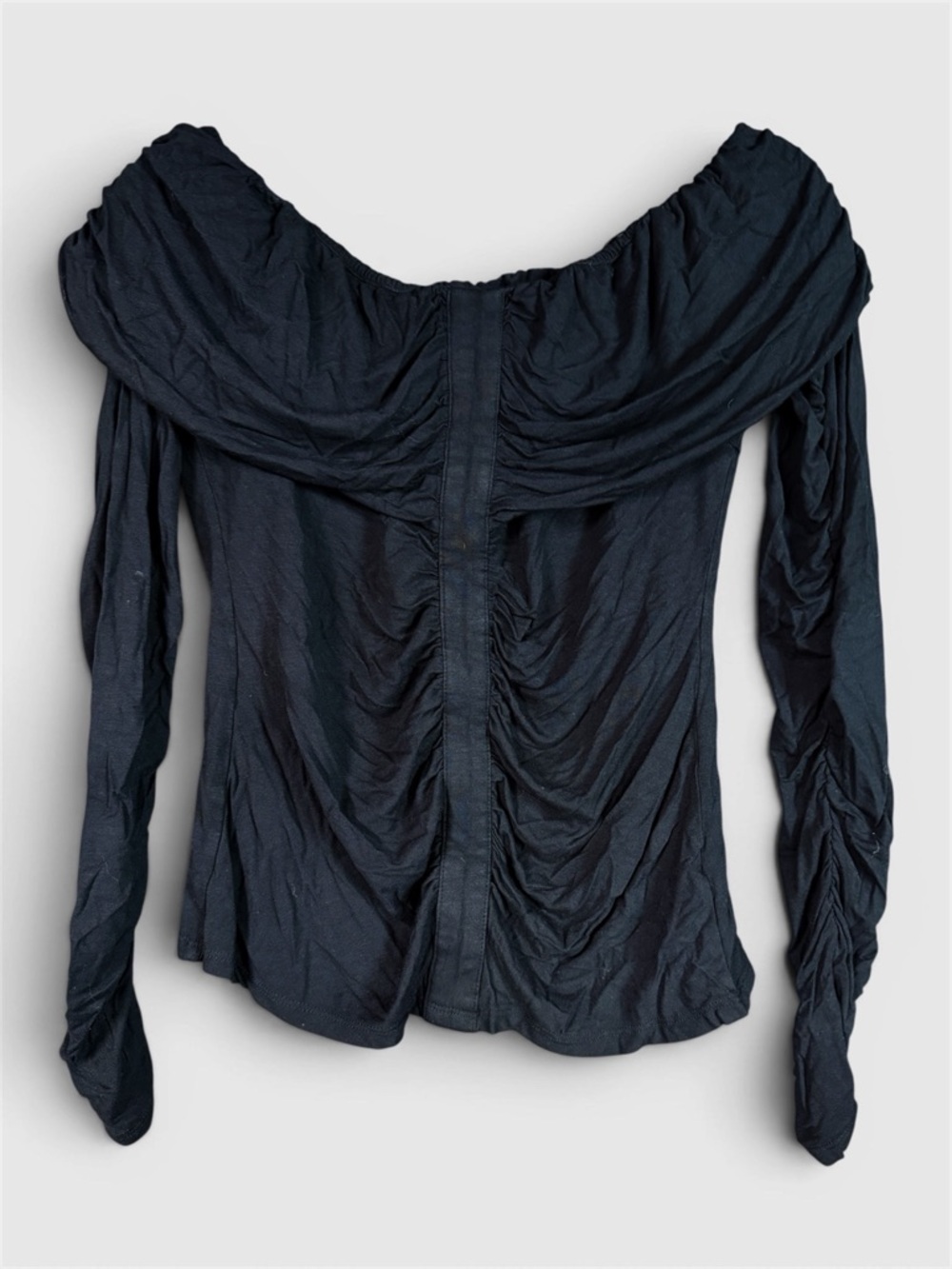 Venus Black Off Shoulder Ruched Top Size M NWOT Long Sleeve Stretch Blouse